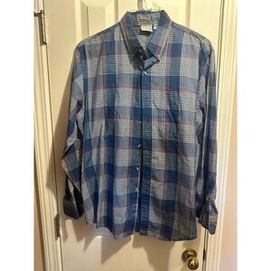 VINTAGE Saddlebrook Mens Shirt XL Blue Red Plaid Long Sleeve Button Up Collared